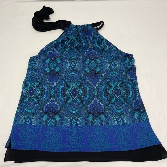 Tahari Turquoise and Black Halter Top Women’s Size XS Two-Tiered Ties at Neck - Picture 15 of 15